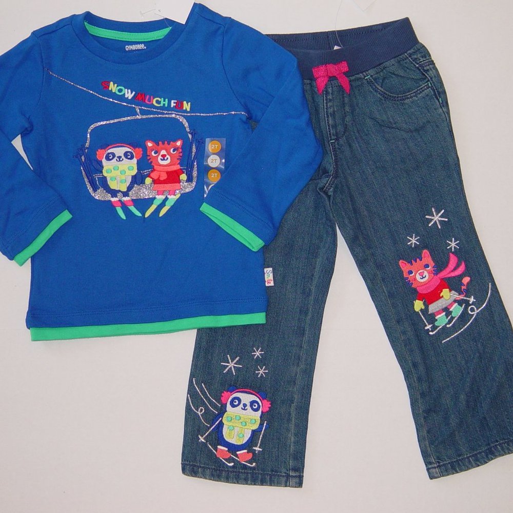 NWT Gymboree 2T or 3T top jeans Color Happy blue snow much fun set outfit